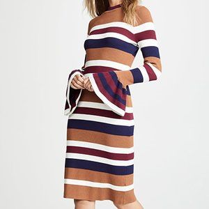 Endless Rose Striped Bell-Sleeve Knit Dress in Camel, Navy, Burgundy & White